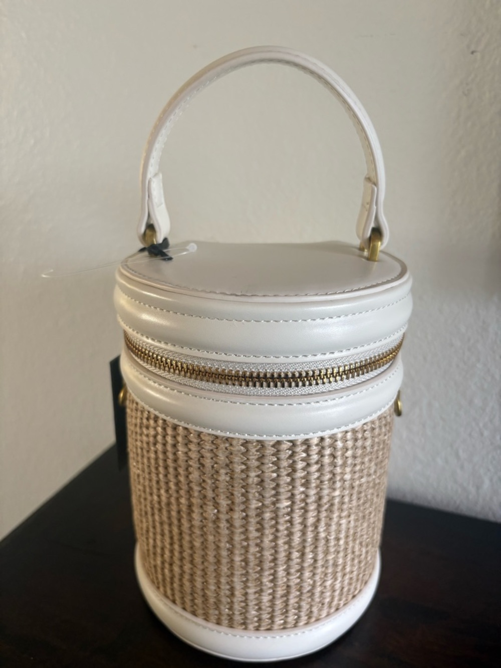 House of Harlow 1960 White & Natural Woven Cylinder Mini Bag